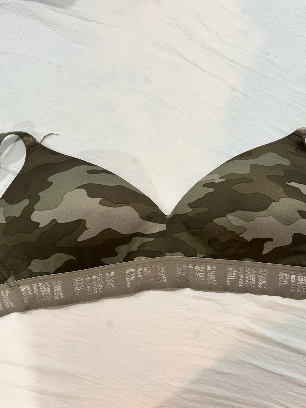 PINK Victoria's Secret Olive Green Camo Wireless Bra